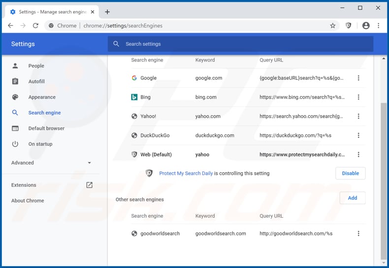  Removendo protectmysearchdaily.com do mecanismo de pesquisa padrão do Google Chrome