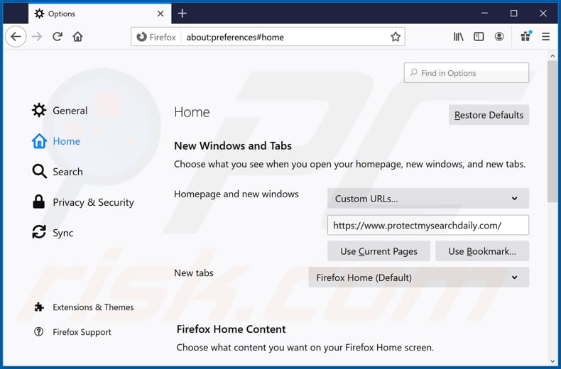Removendo o ficheiro protectmysearchdaily.com da página inicial do Mozilla Firefox