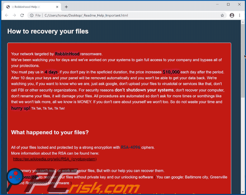 Nota de resgate rejeitada pelo ransomware RobbinHood (GIF) atualizado
