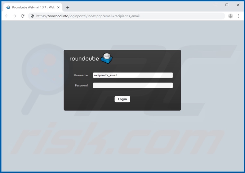 No site, a hiperligação para a qual fraude de email Roundcube redirecciona