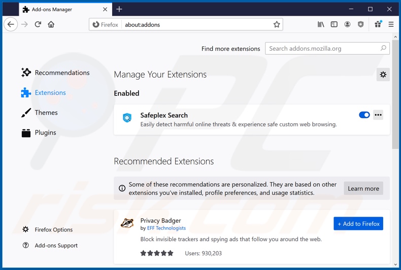 Removendo as extensões Mozilla Firefox relacionadas ao safeplexsearch.com