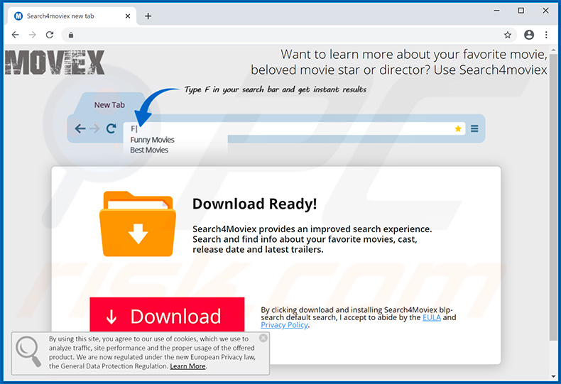 Site usado para promover o sequestrador de navegador Search4Moviex (exemplo 2)