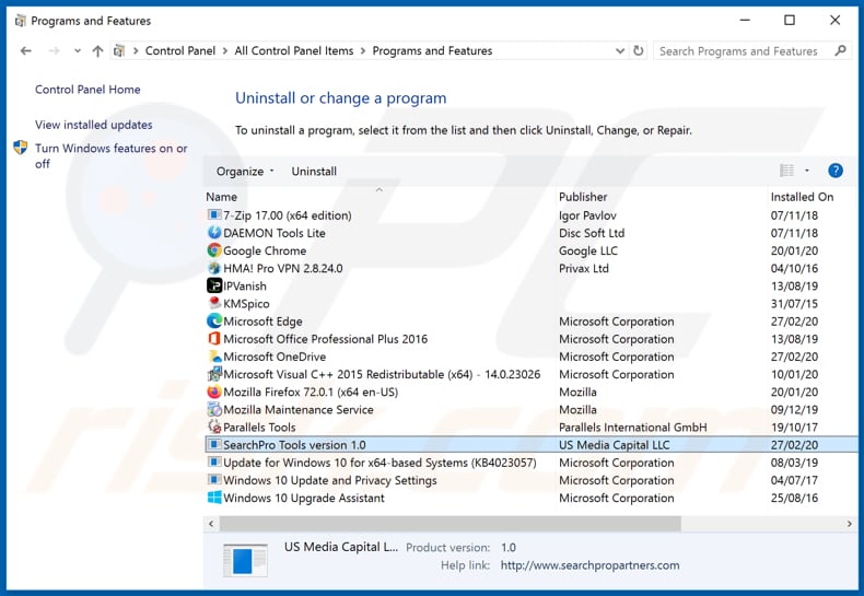 Desinstalação do adware SearchPro Tools via Painel de Controlo