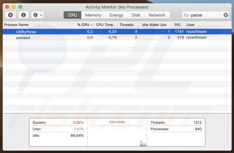 adware utilityparse em execução no monitor de atividades
