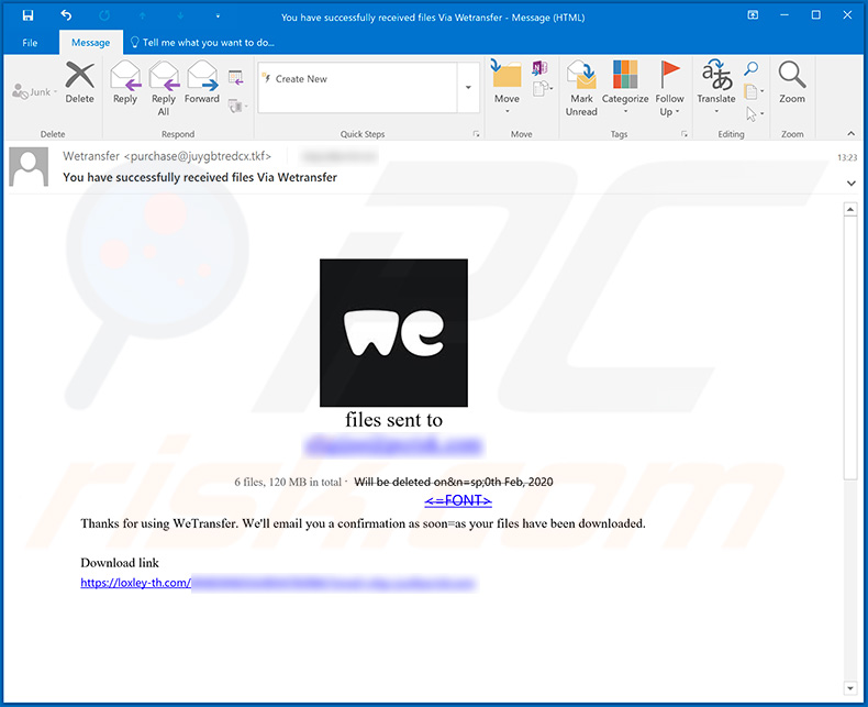 Campanha de spam por e-mail WeTransfer (13 de fevereiro de 2020)