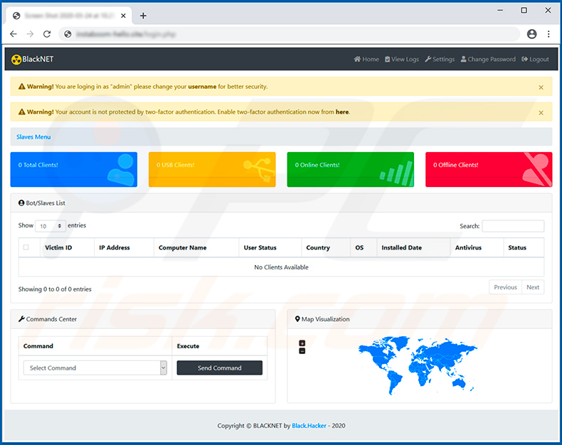 Painel de administração do Trojan de acesso remoto do BlackNET