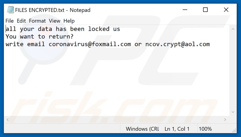 Ficheiro de texto do ransomware C-VIR (FILES ENCRYPTED.txt)