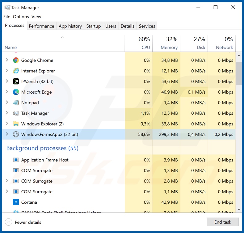 Processo de Trojan Corona-Virus-Map.com no Gestor de Tarefas