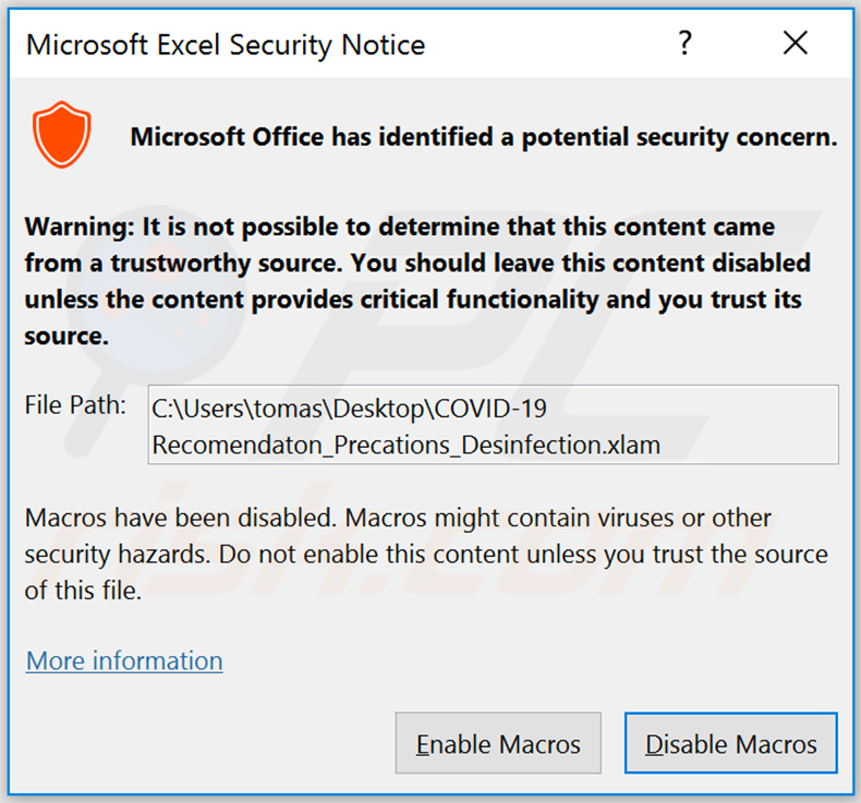 Pop-up pedindo para ativar comandos de macro assim que o ficheiro malicioso do MS Excel for aberto
