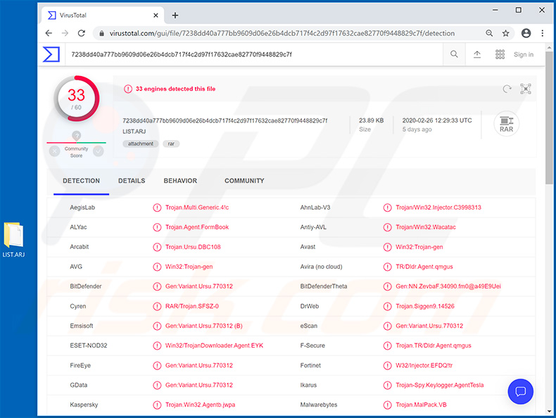 Arquivo LIST.ARJ malicioso usado para injetar o Trojan do FormBook no sistema