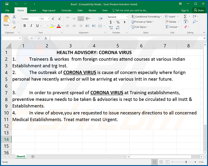 Documento MS Excel relacionado ao coronavírus malicioso que injeta Remcos RAT no sistema