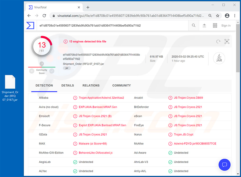 Ficheiro JAR de promoção de trojans Cryxos - Shipment_Order (RFQ 07_0167).jar