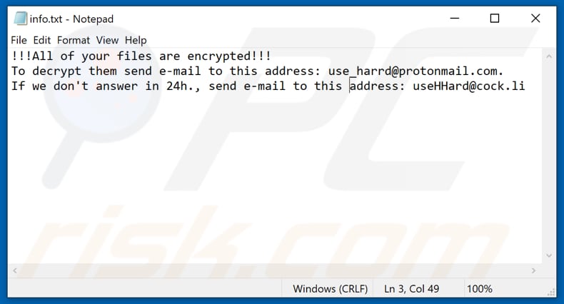 ficheiro de texto do ransomware Eight (info.txt)