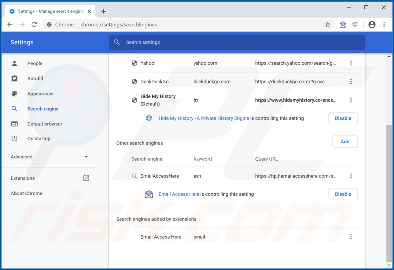 Removendo o hp.hemailaccesshere.com do mecanismo de pesquisa padrão do Google Chrome