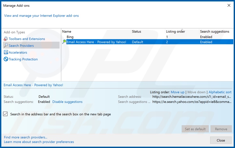 Removendo o hp.hemailaccesshere.com do mecanismo de pesquisa padrão do Internet Explorer