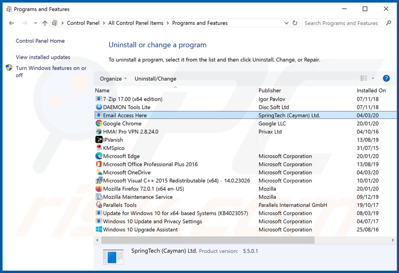 Desinstalador do sequestrador de navegador hp.hemailaccesshere.com via Painel de Controlo