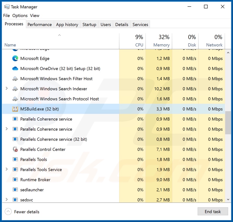 Processo de trojan de acesso remoto FireBird no Gestor de Tarefas