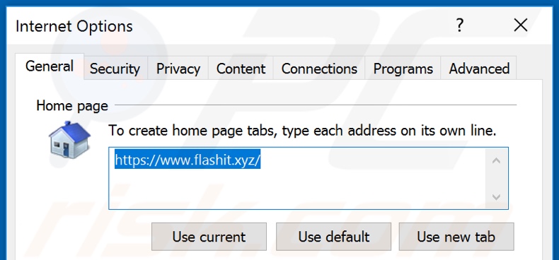 Removendo o flashit.xyz da página inicial do Internet Explorer