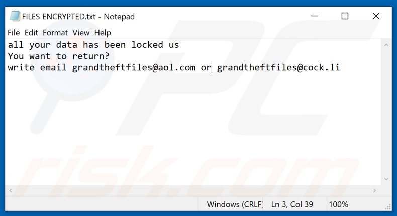Ficheiro de texto do ransomware gtf (FILES ENCRYPTED.txt)