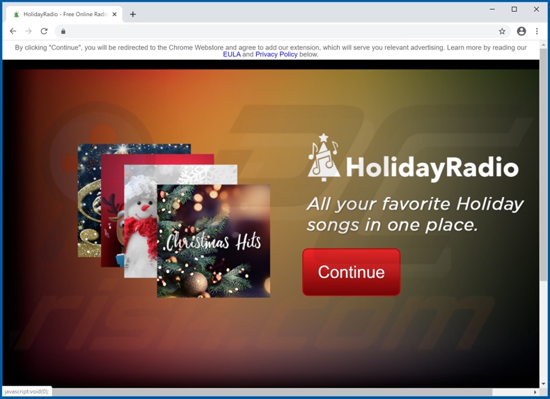 Site que promove o adware Holiday Radio Promos