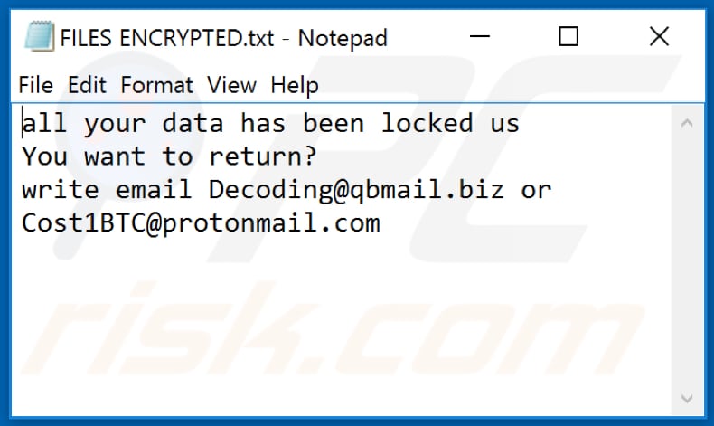 Ficheiro de texto do ransomware IPM (FILES ENCRYPTED.txt)