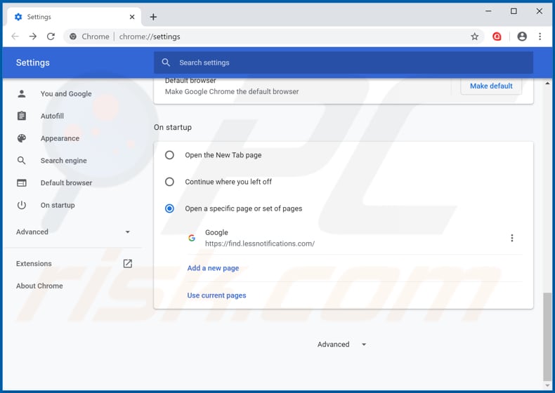 Removendo find.lessnotifications.com da página inicial do Google Chrome