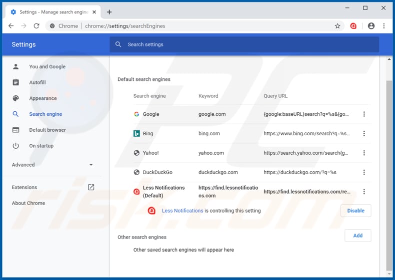 Removendo find.lessnotifications.com do mecanismo de pesquisa padrão do Google Chrome