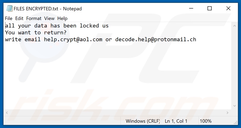 Ficheiro de texto do ransomware LX (FILES ENCRYPTED.txt)