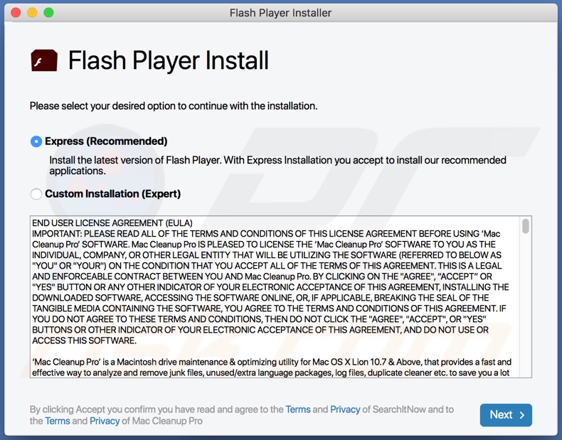 O adware ManageSearchView a ser proliferado ao usar um atualizador/instalador Adobe Flash Player falso