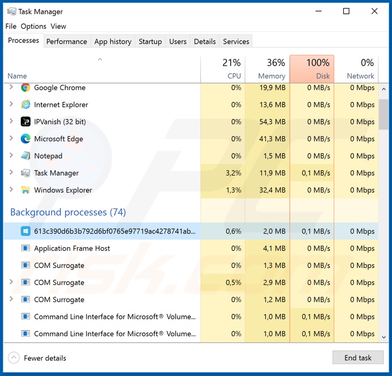 Processo do ransomware Nemty 2.6 no Gestor de Tarefas