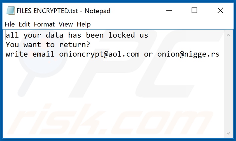 Ficheiro de texto do ransomware ONION (FILES ENCRYPTED.txt)