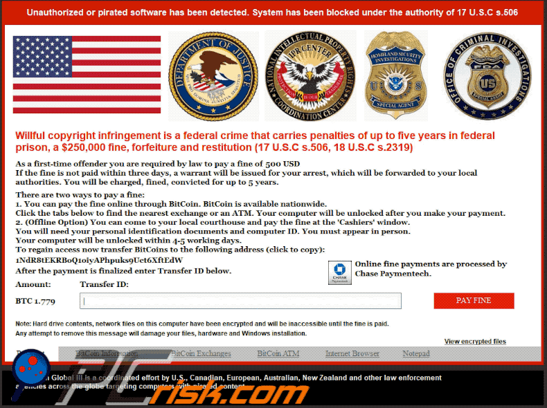 ecrã de bloqueio do ransomware Pirated software has been detected (GIF)