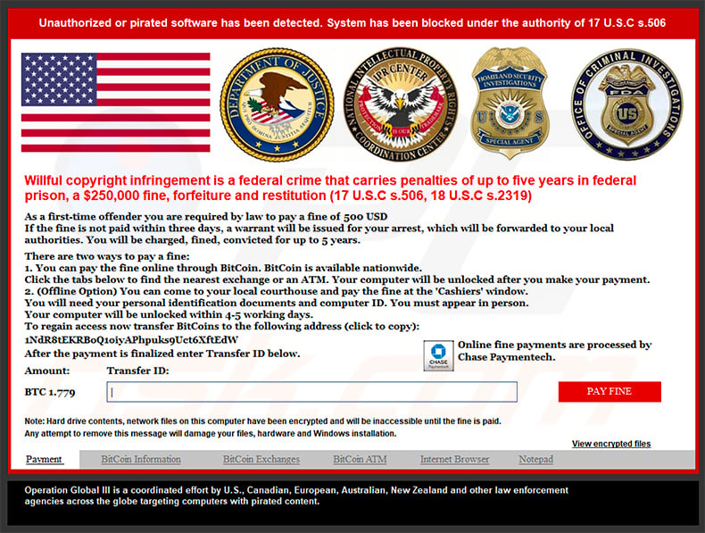 ecrã de bloqueio do ransomware Pirated software has been detected 