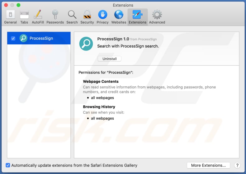 adware processsign instalado no safari 