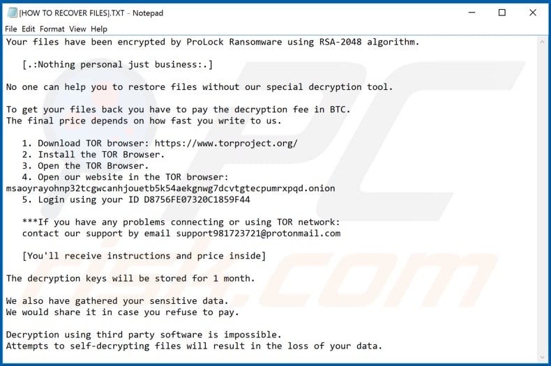 Instruções de desencriptação do ProLock ([HOW TO RECOVER FILES].txt)