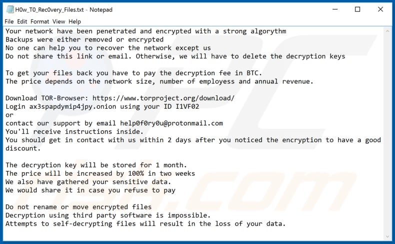 Instruções de desencriptação de PwndLocker (H0w_T0_Rec0very_Files.txt)