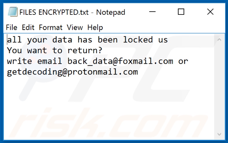Ficheiro de texto do ransomware rxx (FILES ENCRYPTED.txt)