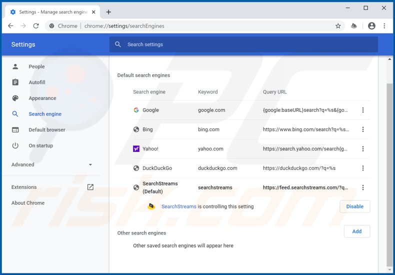 Removendo feed.searchstreams.com do mecanismo de pesquisa padrão do Google Chrome