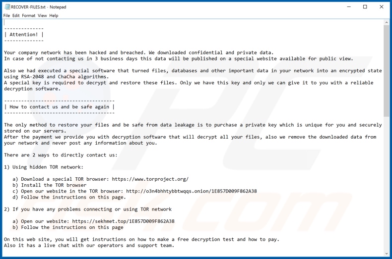 Instruções de desencriptação de Sekhmet (RECOVER-FILES.txt)