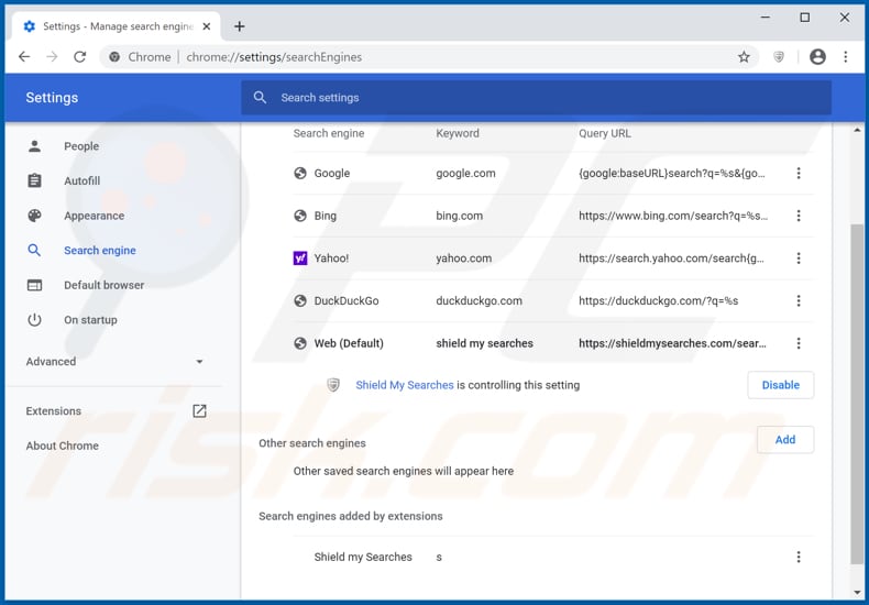 Removendo search.shieldmysearches.com do mecanismo de pesquisa padrão do Google Chrome