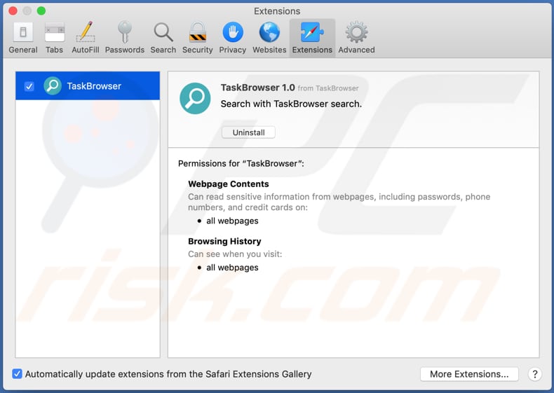 adware taskbrowser instalado no navegador safari