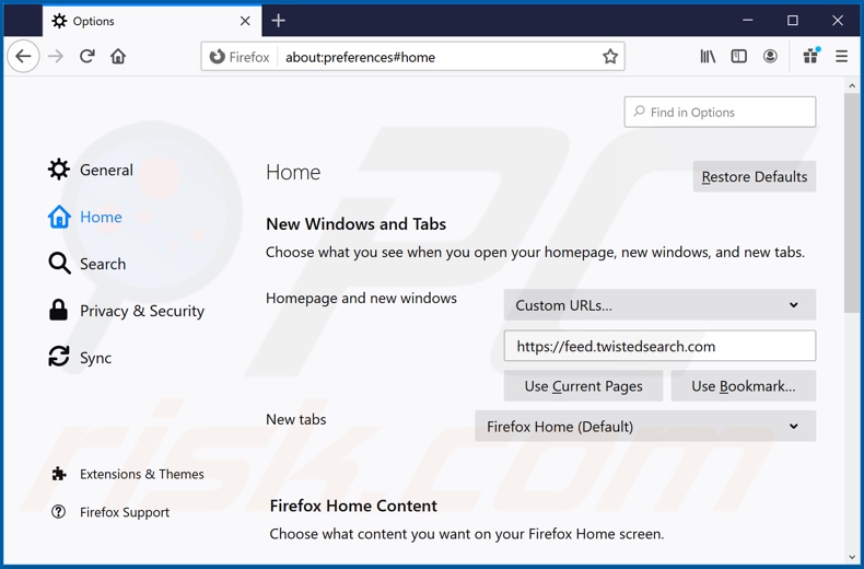 Removendo o feed.twistedsearch.com da página inicial do Mozilla Firefox