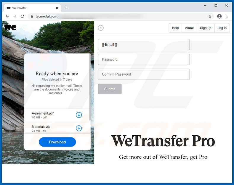 Site de phishing promovido por e-mails de spam WeTransfer
