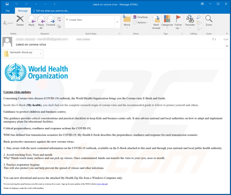 Quarta variante do e-mail da World Health Organization (WHO)