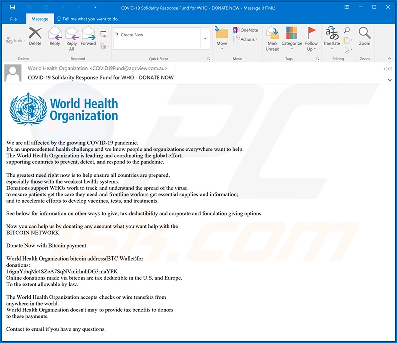 Campanha de spam por e-mail de disseminação de malware por vírus de email da World Health Organization (WHO)