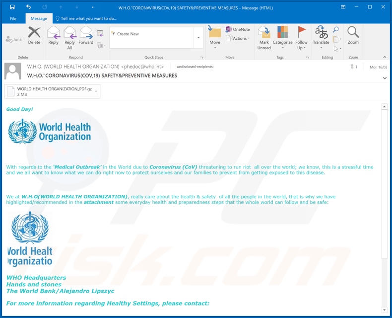 Segunda variante do e-mail da World Health Organization (WHO)