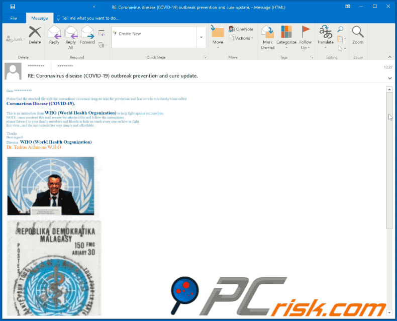 Terceira variante do e-mail da World Health Organization (WHO) (agente distribuidor Tesla) GIF