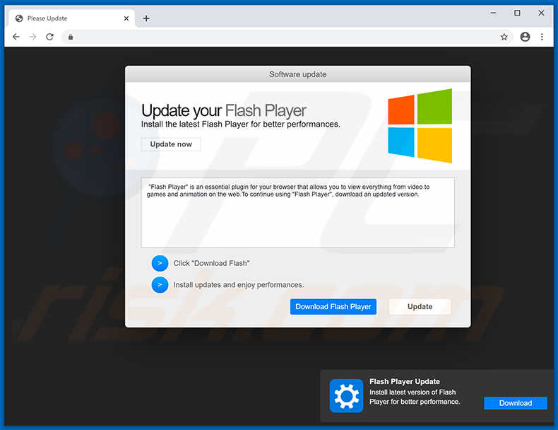 Site enganoso que promove falso instalador Adobe Flash Player