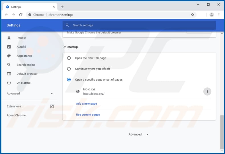 Removendo o biosc.xyz da página inicial do Google Chrome