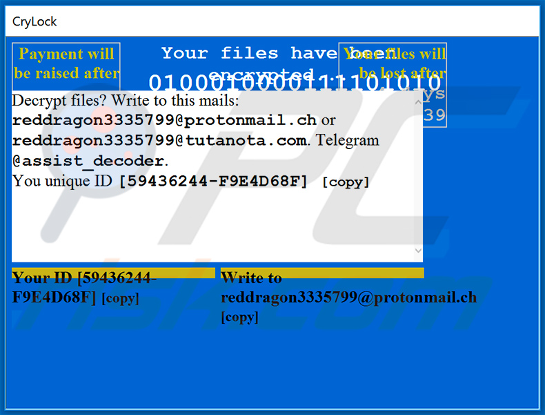 Janela pop-up exibida pelo ransomware CryLock
